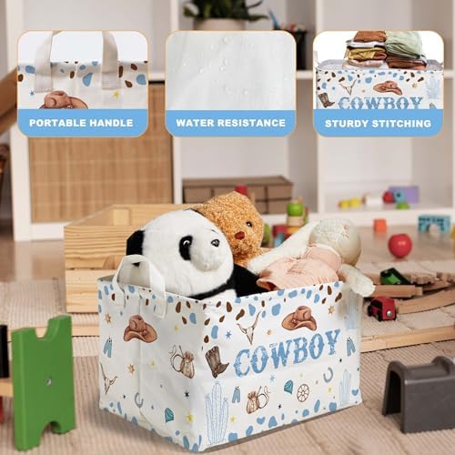 Western Basket for Cowboy Nursery Decor Boy, Blue White Brown Western Toy Bin, Cowboy Baby Shower Decorations, Large Squarecanvas Laundry Hamper With A Waterproof PECoating, Foldable