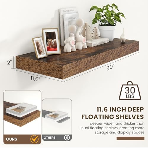 FLYJOE 30 Inch Floating Shelves, 12'' Deep Brown Shelves for Wall Set of 1