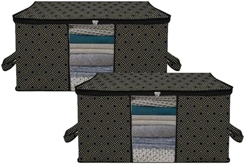 Kuber Industries (Pack of 2) Underbed Storage Bag | Golden-Dot | Large Blanket Organizer | Clothing Storage Bag | Clear Window & Handle Storage Bag | Kambal Storage Bag | Black