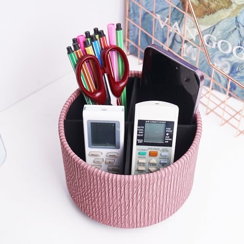 Round Leather Art Supply Organizer,Remote Control Holder,360 Degree Spinning,Multi-Functional Pencil Holder,4 Compartments Desktop Stationary Organizer(1-Wood Pink)