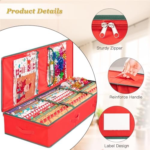 Criusia Gift Wrapping Paper Organizer Storage, Durable Underbed Storage Container Fits 24 Rolls, with Removable Dividers and Pockets for Ribbon, Ornaments, Holiday Accessories, Red