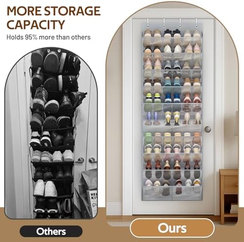 MISSLO 30 Pairs Over the Door Shoe Organizer Breathable Mesh Hanging Shoe Rack for Closet Storage with Wide Deep Pockets 10 Tier Shoes Holder Fit All the Family's Sneakers, Boots, Heels (Grey, 71")