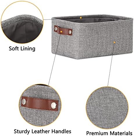 DULLEMELO Small Storage Baskets 11.8"x7.9"x5.1", Fabric Storage Bins for Shelves,Closets,Nursery,Home,Office [3 Pack], Collapsible Storage Baskets with Leather Handles (Gray)