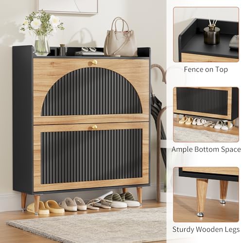 Shoe Storage Cabinet with 2 Flip Drawers (Black and Wood, 2 Flip Drawers)