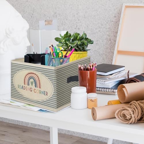 Boho Rainbow Reading Corner Foldable Storage Bins Box with Handles, Book Lovers Gifts Collapsible Toys Books Clothes Organizer Basket for Kids Nursery Reading Room Bedroom Classroom