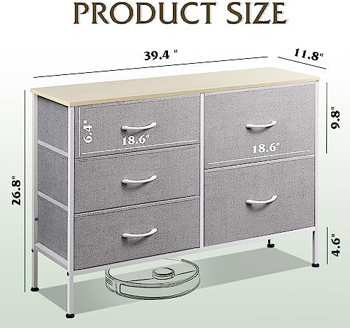 WLIVE 5 Drawer Fabric Dresser for Bedroom, Wide Storage Chest, Light Grey