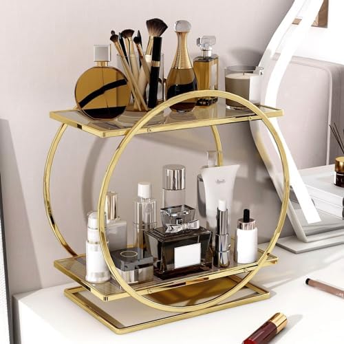 Perfume Organizer, 2-Tier Bathroom Countertop Organizer and Storage | Gold Makeup Organizer for Vanity, Counter Shelf Bathroom Accessories & Decor, Skincare Trays Perfume Holder Cosmetic Display