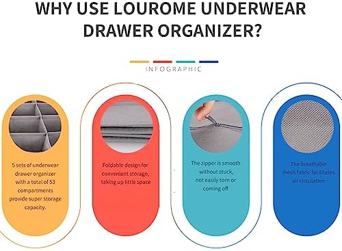 Lourome Underwear Drawer Organizer, 5-Pack, for Socks, Bras, Tie, Grey