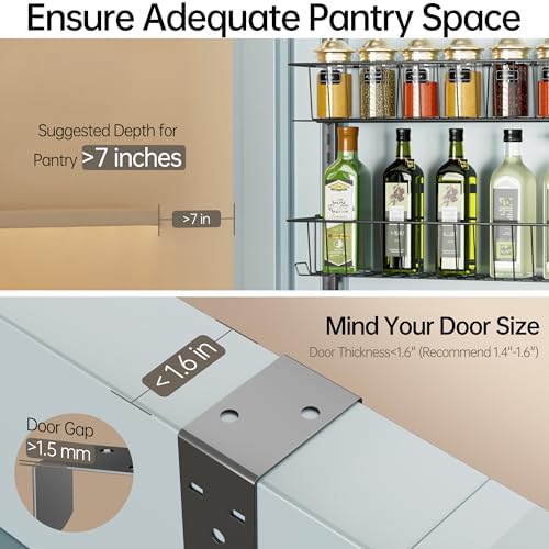 Delamu Adjustable Cabinet Door Organizer, 6 Tier Hanging Spice Rack | Metal Over the Door Pantry Organizer, Pantry Organizers and Storage Shelves for Kitchen Bathroom Laundry Room, Black