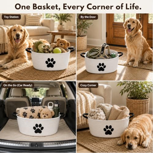 Dog Toy Basket with Handles, Cotton Rope Storage Bin Organizer for Pets