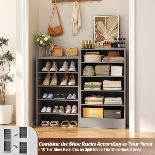 Aheaplus 10 Tiers Narrow Wood Shoe Rack, Tall Shoe Storage Cabinet, Grey