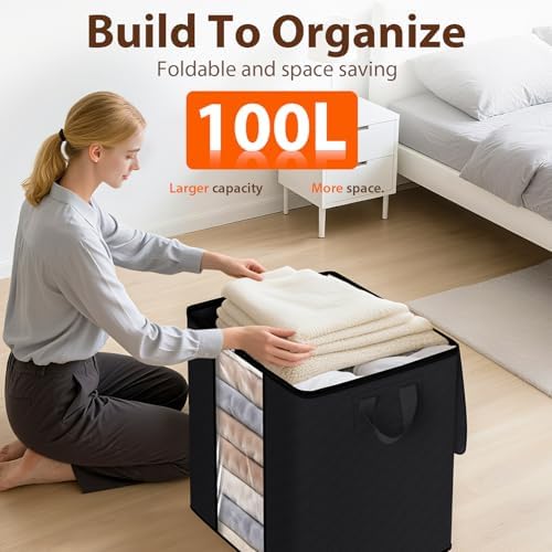 SpaceWhisper 8 Pack 100L Clothes Storage, Foldable Storage Bags, Black