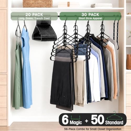 HOUSE DAY Space Saving Hangers 6 Pack with 50 Pack Plastic Hangers, Black