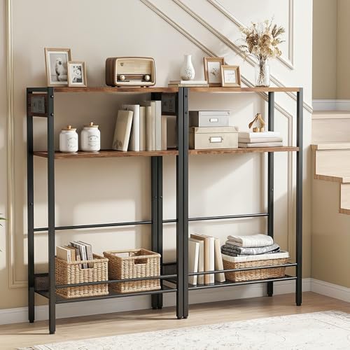 HOOBRO 15.7" Narrow Console Table with Charging Station, 3 Tier Entryway Table for Small Space, Behind Couch Table, Sofa Table, for Entryway, Hallway, Living Room, Rustic Brown and Black BF42UXG01