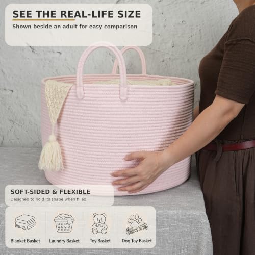 XUANGUO 66L Large Blanket Basket, Round Cotton Rope Basket, Light Pink