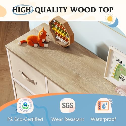 WLIVE 5 Drawer Fabric Dresser for Bedroom, Wide Storage Chest, Cream