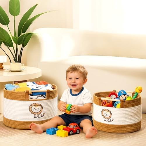 Large Blanket Basket Living Room 35L Baby Laundry Basket Toy Bin for Babies Toddlers Storage Baskets for Organizing Toys, Woven Cotton Rope Laundry Hamper for Nursery Storage Boy Gift Baskets Empty