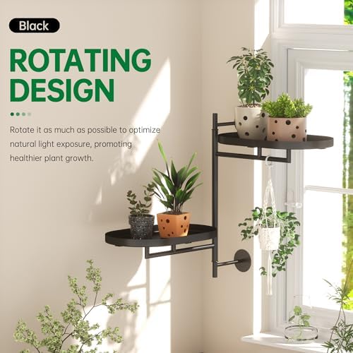 Rotating Window Shelves for Multiple Plants Indoor,2-tier Metal Corner Black Plant Stand Holder Floating Hanger Shelf for Wall，Windows Sill Gifts for Planter Lover to Enhance Home Decor