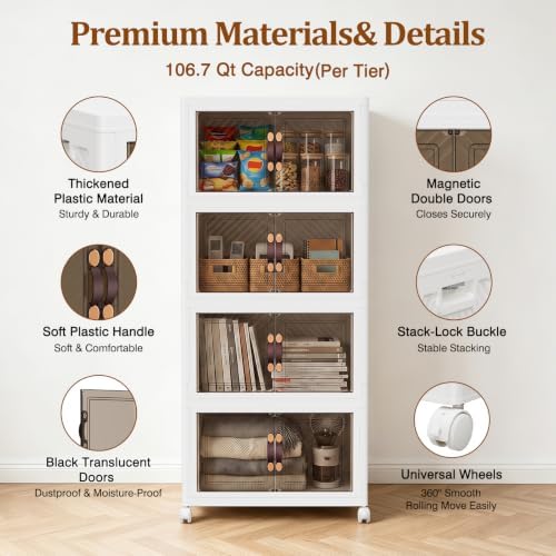 4Tier 428QT Stackable Storage Bins With Lids Portable Wheels Cabinet, White