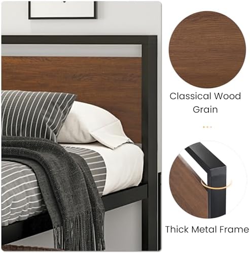 SHA CERLIN 14 Inch Queen Size Metal Platform Bed Frame with Wooden Headboard and Footboard, Mattress Foundation, No Box Spring Needed, Large Under Bed Storage, Non-Slip Without Noise, Walnut
