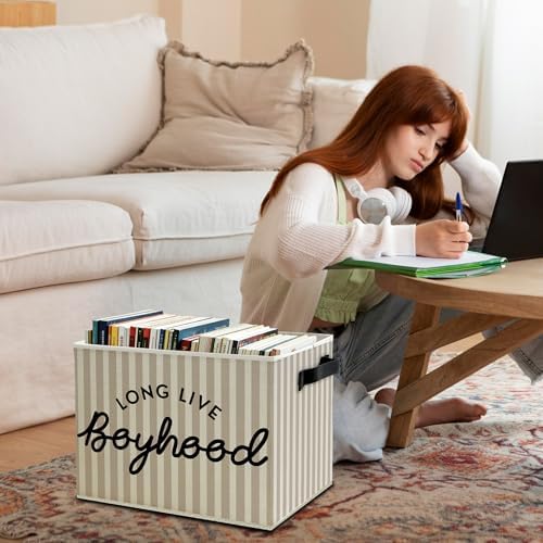 Black Long Live Boyhood Boys Storage Bins Box with Handles, Beige Stripe Collapsible Basket Organizer for Kids Teen Boy Nursery Room Bedroom Bathroom Playroom Books Clothes