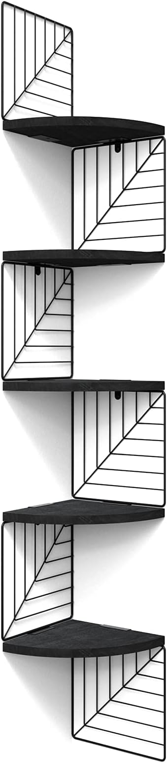 Love-KANKEI Corner Wall Shelf 5 Tier,Solid Wood/Metal Bracket,51"Tall,Black