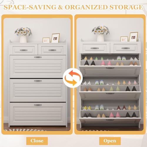 ODUWA Shoe Cabinet with 3 Flip Drawers and 2 Storage Drawers, Shoes Organizer Cabinets with Adjustable Divider, Hidden Shoe Storage Cabinet for Entryway, Hallway, Living Room, White