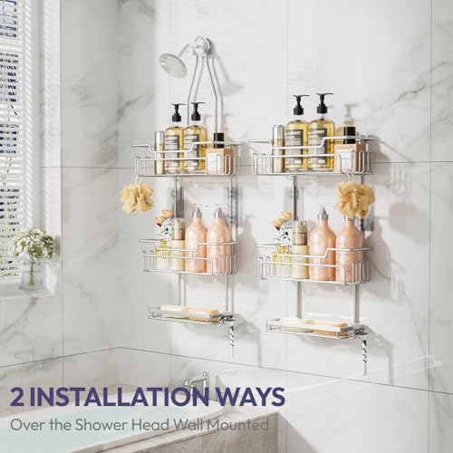 SWTYMIKI Bathroom Shower Caddy Hanging - 3 Tier Rustproof Over Shower Head Organizer, No Drilling Bathroom Shelf with 16 Hooks & Soap Holder, Anti-Swing Rack, Sand Nickel