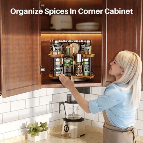 SNTD Lazy Susan Spice Rack Organizer for Cabinet, Wood, Vintage, 12 in | Rotating Turntable, Height Adjustable, Space-Saving D-Shape Design, Revolving Spice Storage for Kitchen Countertop Pantry