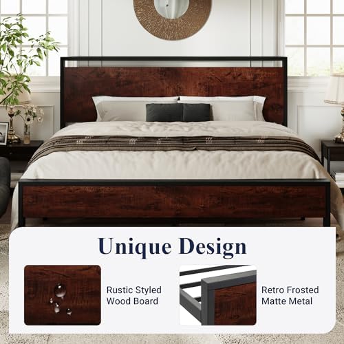 Allewie King Size Bed Frame, Heavy Duty 12 Metal Slats Support, Mahogany