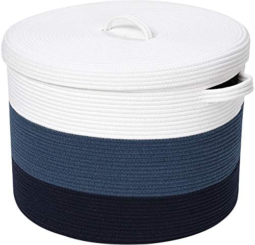 20x15 Inch Extra Large Round Cotton Rope Storage Basket with Lid, Decorative Woven Bin with Cover for Living Room Bedroom Closet, Blue & Deep Blue