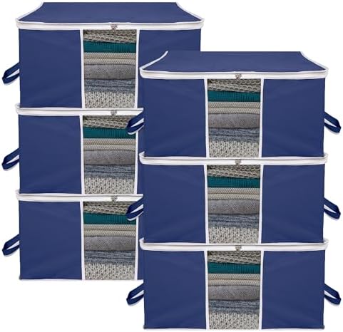 Kuber Industries Underbed Storage Bag | Clothes Storage Organizer | Blanket Cover with Clear Window | Zipper Closure & Handle Cloth Organizer | Plain White Border | Large | Pack of 6 | Navy Blue