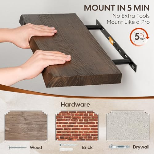 24" Live Edge Floating Shelves, Solid Elm Wood Shelf, Set of 2
