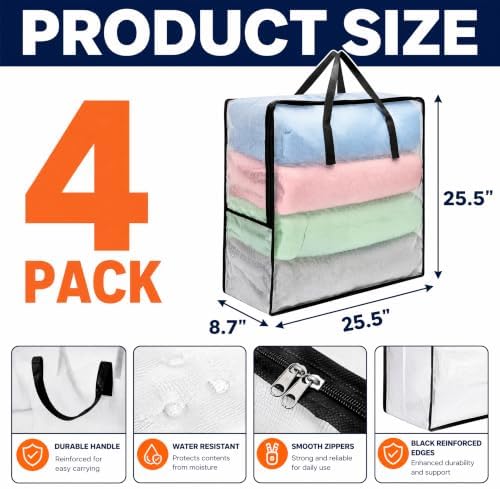 Fasmov 4 Pack Oversized Clear Storage Bag with Handles and Zippers, Vinyl Storage Bag for Comforter, Blanket, Bedding, Duvet, Transparent Moving Tote, Under the Bed Storage, Garage Organizer