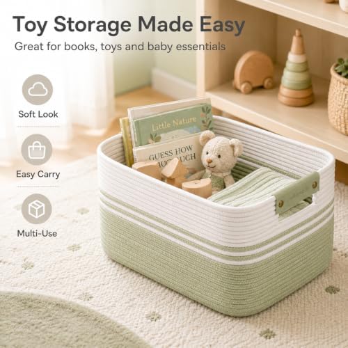19.2GAL Sturdy Large Laundry Basket with Handles for Bathroom, Dorm Dirty Clothes, Portable Aesthetic Boho Cute Woven Storage Blanket Baskets for Living Room Decor Girls Boys Pets Toys White Green