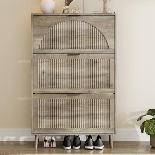 Shoe Storage Cabinet with 3 Flip Drawers, Narrow Wood Shoe Organizer Cabinet with Fluted Panel, Slim Shoe Rack for Entryway, Freestanding Shoe Cabinet for Living Room, Hallway, Grey