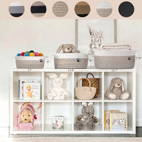 30L Large Woven Rope Dog Toy Basket with Paw Print, Mixed Brown | 19.7" x 11" x 7.9" Dog Toy Bin & Box with Handles, Storage Basket for Blankets Towels, Fits Living Room Nursery Bedroom