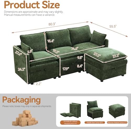 80" Modular L Shaped Storage Sofa with Ottoman, Cloud Sectional Sofa with Hidden Storage, Modern Chenille Couch with Ottoman for Living Room,Green