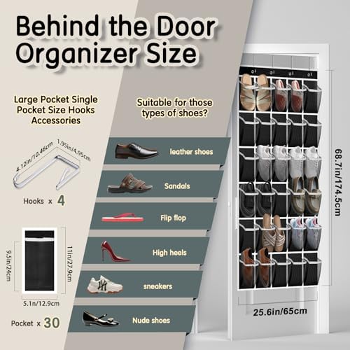 Kotkn Over the Door Shoe Organizer with 30 Breathable Mesh Pockets - Large Capacity Closet Storage for Men & Women, Hanging Shoe Rack Organizer (Black, 30-Pocket)