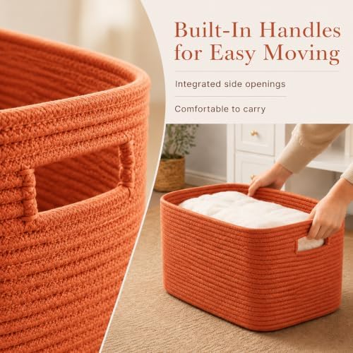 15.4GAL Rope Laundry Basket for Dorm, Cute Boho Square Woven Basket for Living Room Throws Pillow Blanket Storage, Short Dirty Clothes Hamper for Baby Girls Boys Toys Stuffed Animal Towel Terracotta