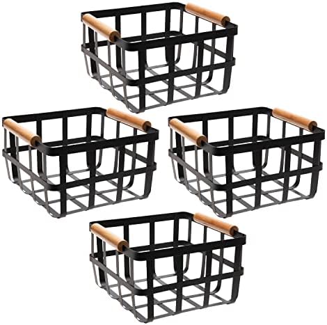 Simplify 4 Pack Square Metal Storage Basket with Bamboo Handles | Medium | Farmhouse Style Wire Basket | Home Organizer | Decorative | Rustic | Black (KIT-10037-BLACK-4PK)