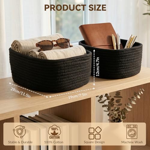 10 Pack Black Small Woven Baskets for Organizing, 11.5"x7.5"x4.7" Cotton Rope Storage Bins, Sleek Empty Gift Baskets for Modern Home, Office, Bathroom Shelf & Closet Organization