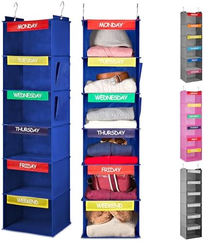 Kids Hanging Closet Organizer 6-Shelf with Day-of-Week Labels Blue