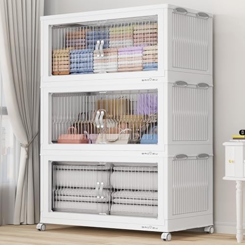 BROVIEW 600Qt Extra Large Stackable Storage Bins with Lid & Wheels, Plastic Collapsible Closet Organizers and Storage Drawers for Clothes | Foldable Storage Cabinet Container for Kitchen 3Pack White