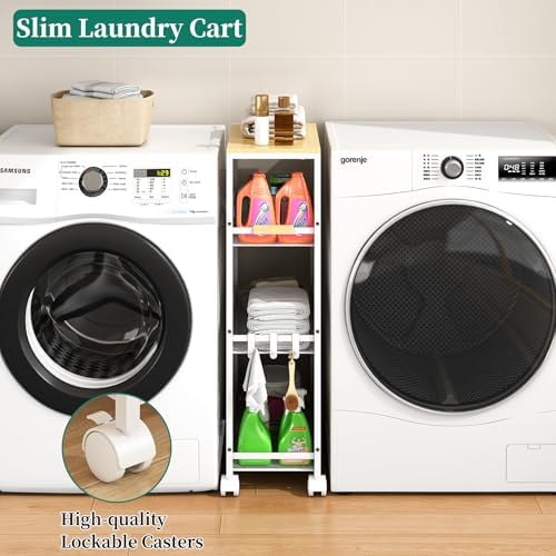 4-Tier Slim Utility Rolling Laundry Cart with Wheels, Easy to Assemble | 9.1" Wide for Narrow Spaces, Wood Top with Metal Frame, Mobile Storage Shelves for Bathroom, Kitchen, Office