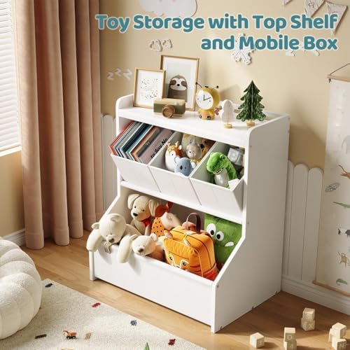 Kids Toy Storage Organizer with Wooden Display Shelf for Playroom & Nursery | Open shelves and removable bins encourage children to read, play and clean up independently, patent design