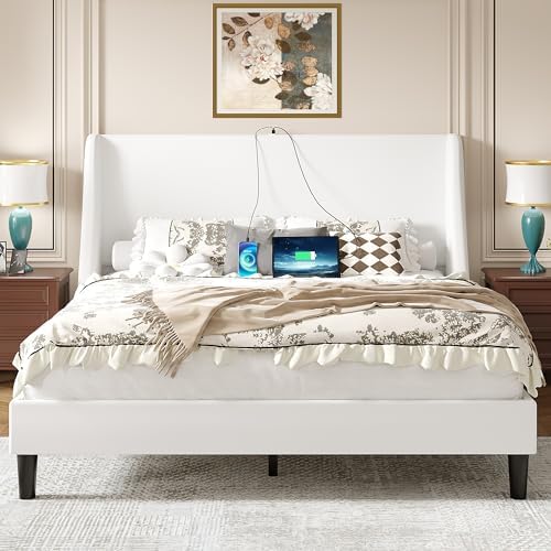 VECELO Full Bed Frame with Upholstered Wingback Headboard, Heavy-Duty Platform Bedframe with Charging Station, Wooden Slats, No Box Spring Needed, White
