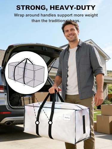 HOMESURE Supports 200lbs Heavy Duty Moving Bags - Strong Zipper & Wrap-Around Handles - Water-Resistant Storage Totes, Durable Alternative to Moving Boxes - 8 Pack - Semi-Transparent
