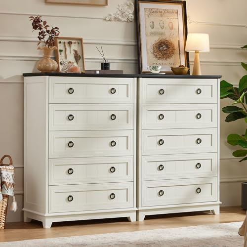 Joaxswe Farmhouse 5 Drawer Dresser for Bedroom, 42" Tall Chest of Drawers | Rustic Wood Dresser with Metal Handle, Storage Organizer Closet for Living Room, Hallway, Entryway, White