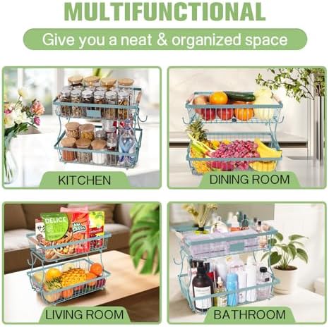 Fruit Basket Bowl 2 Tier Detachable with 2 Banana Hangers, Fruit Stand Holder for Kitchen Countertop, Metal Wire Vegetable Storage Organizer, for Bread Snack Veggies Produce, blue